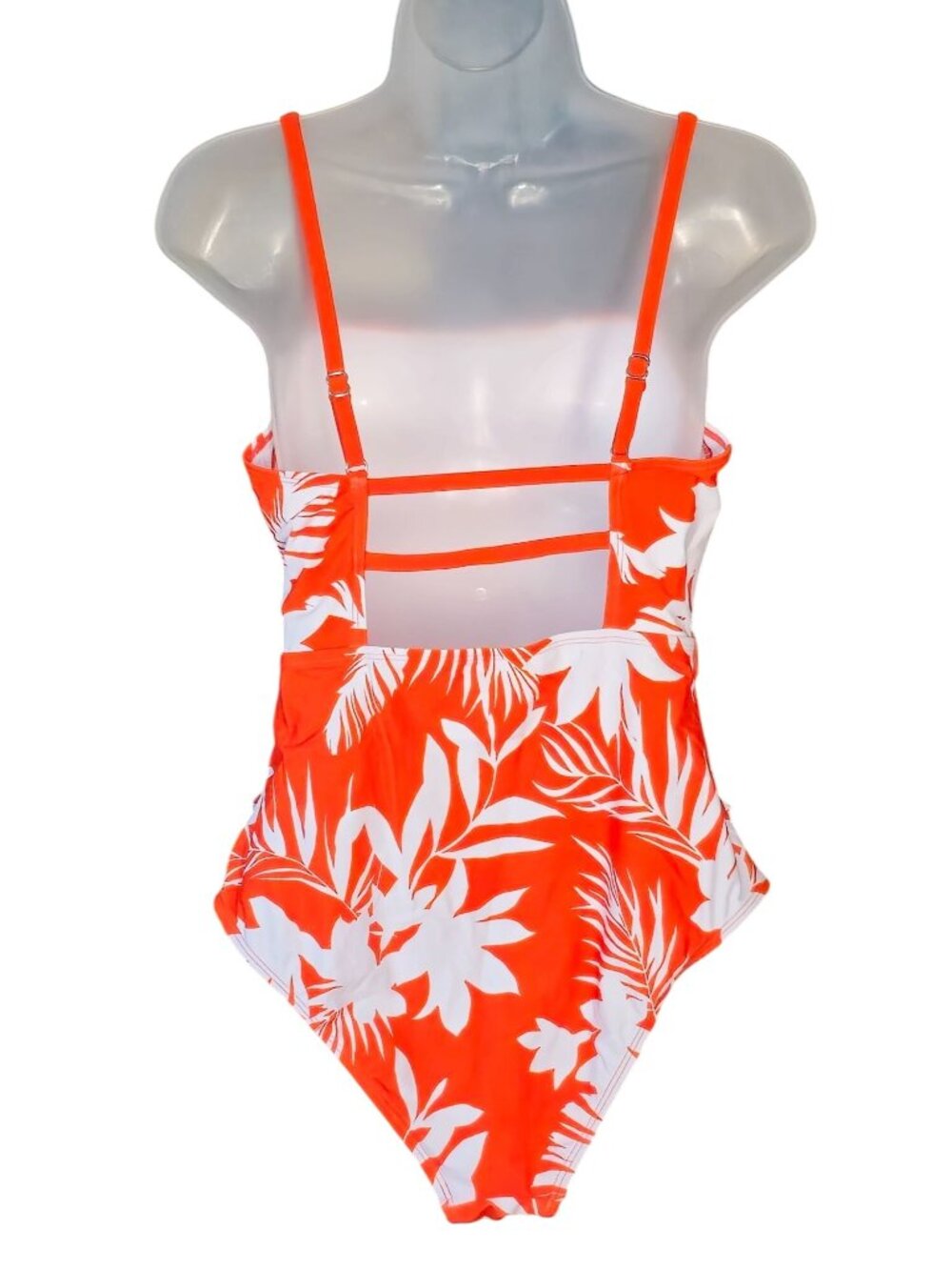 Tropical Print One-Piece Swimsuit L Orange White Ruched Adjustable Square Neck - Picture 9 of 10